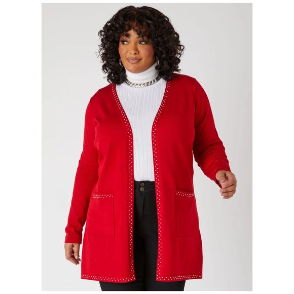 PLUS Size 18/20 - 2X | Open Front Belted Knit Cardigan Crystal Embellishments - Picture 1 of 4
